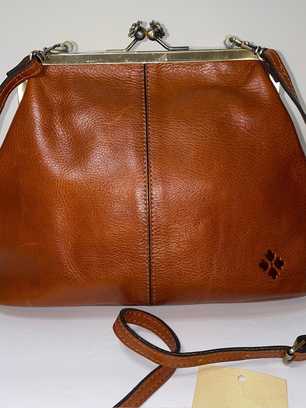 Patricia Nash Sofia Small Leather Kisslock Frame Clutch Crossbody Cognac Purse